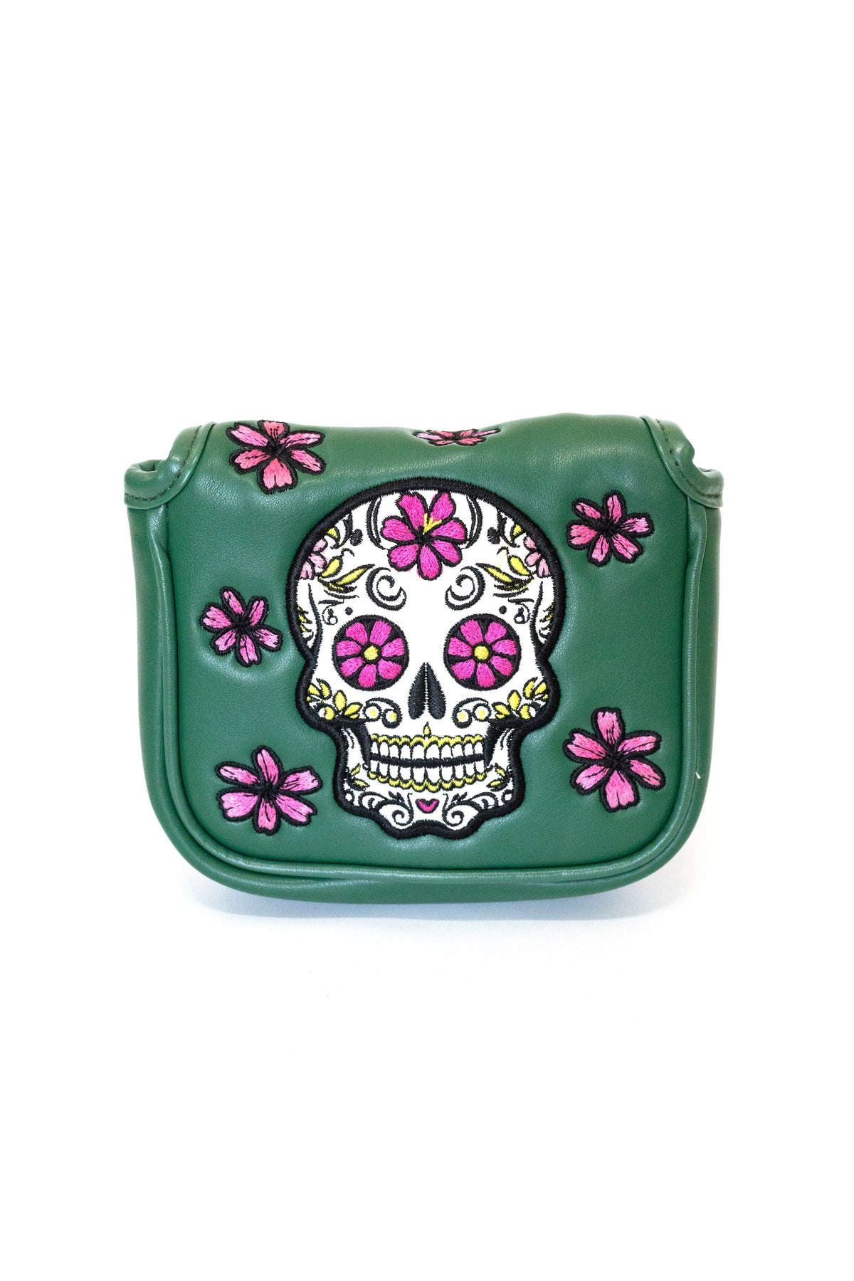 "Augusta Sugar Skull" mallet putter cover by Tall Pines Golf, front view