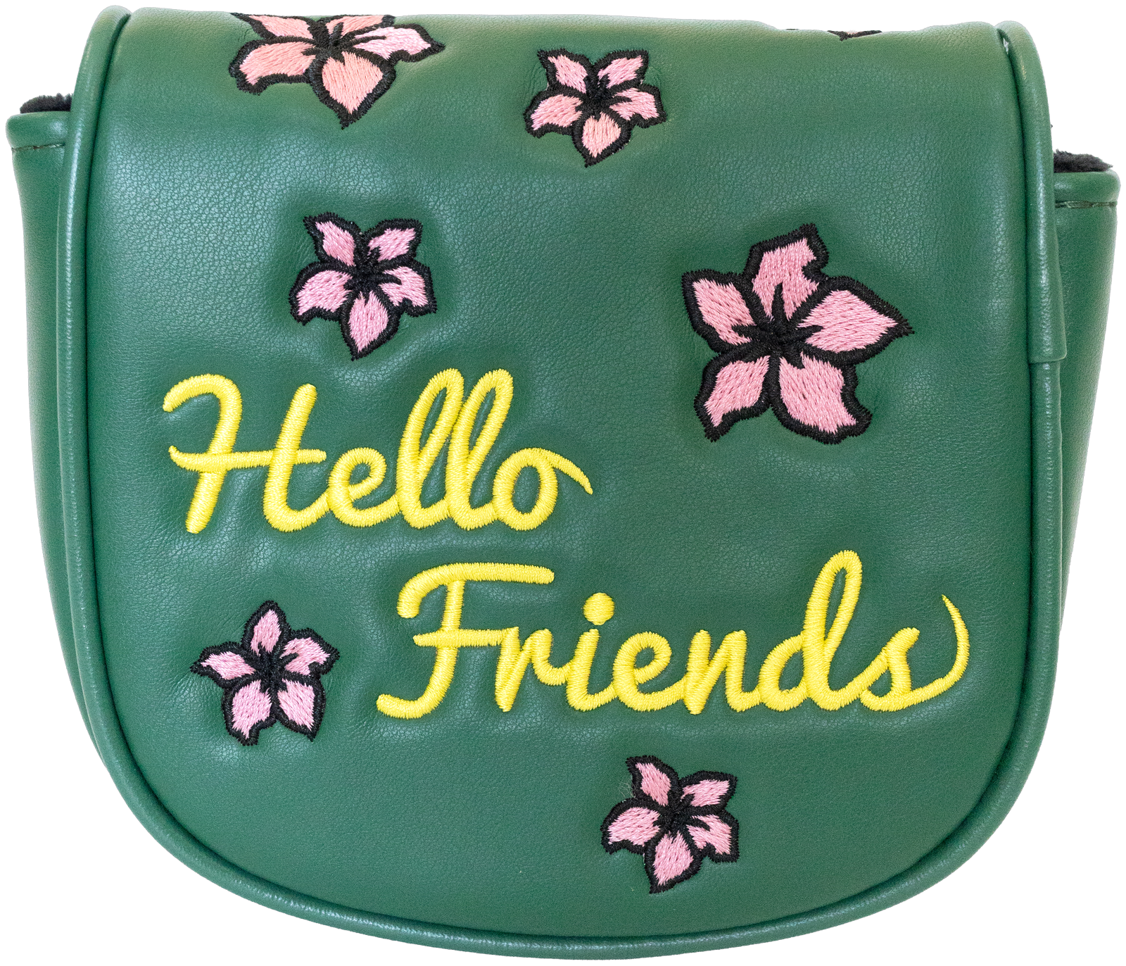 "Hello Friends" DF3 mallet putter cover by Tall Pines Golf, front view