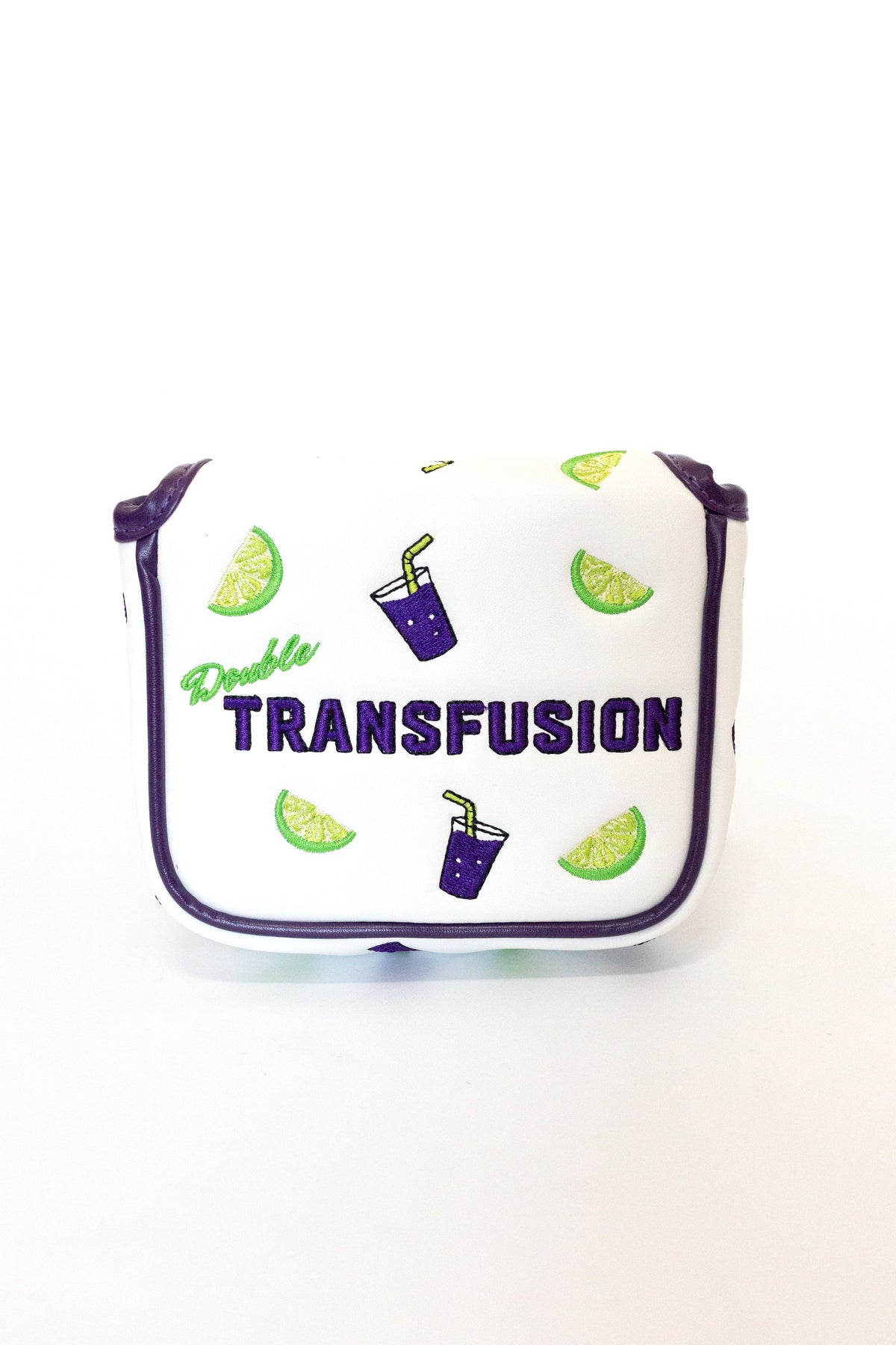 "Double Transfusion" mallet putter cover by Tall Pines Golf, front view