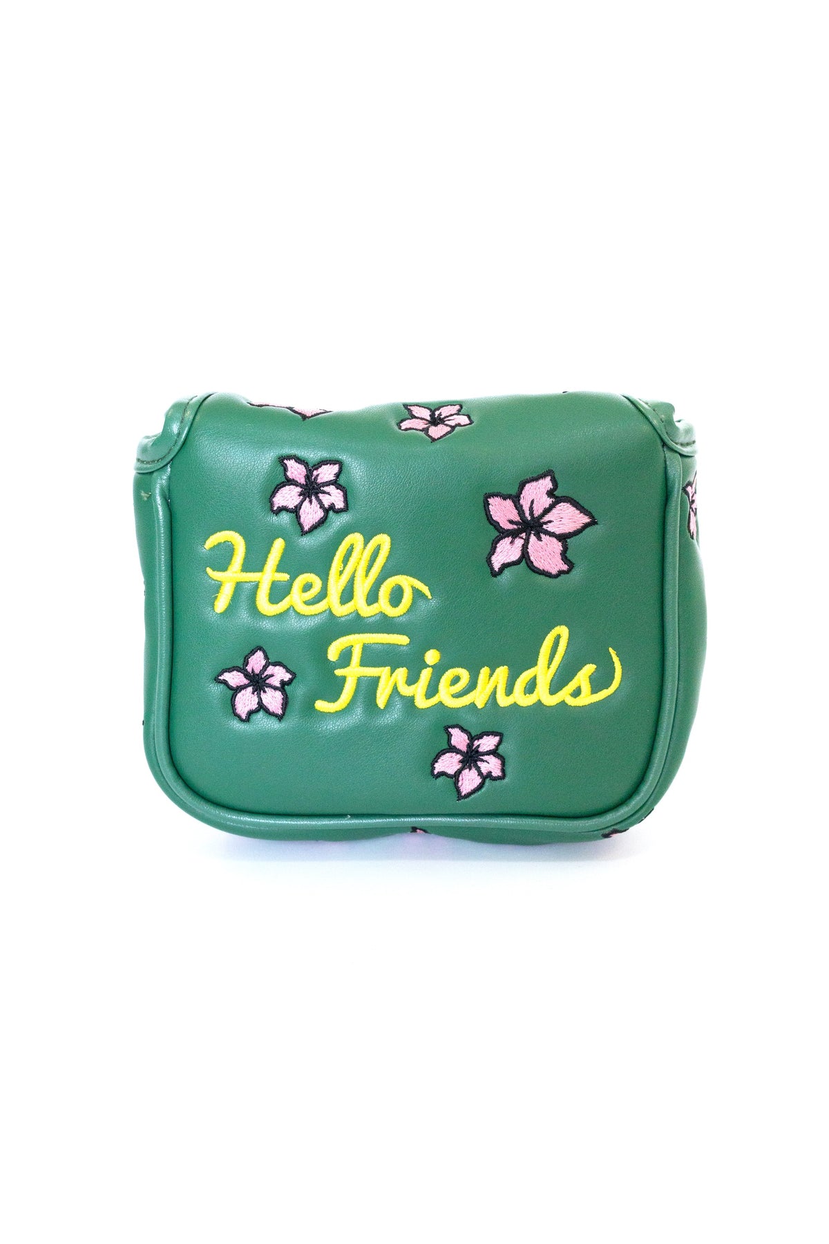 "Hello Friends" mallet putter cover by Tall Pines Golf, front view