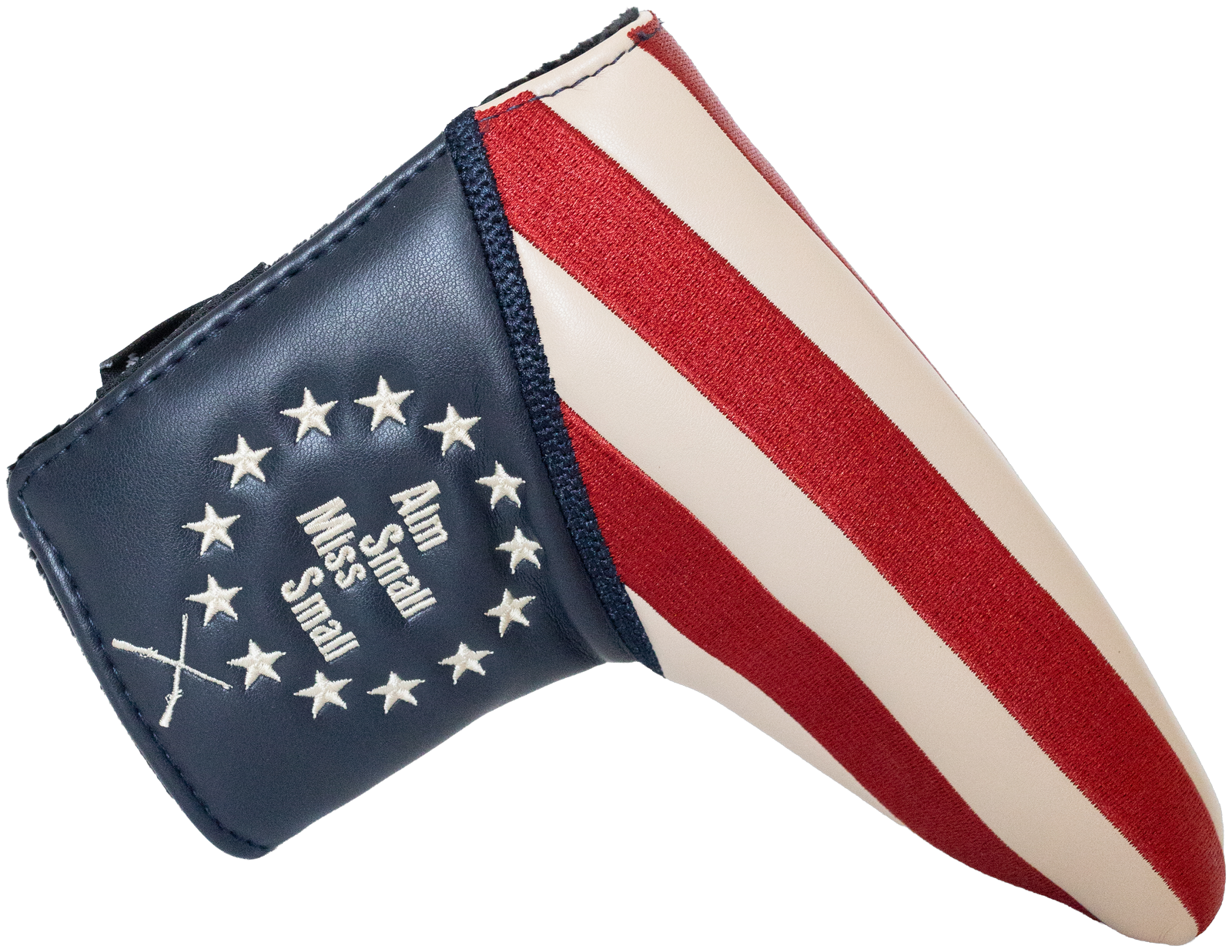 "Aim Small Miss Small" blade putter cover by Tall Pines Golf, left side
